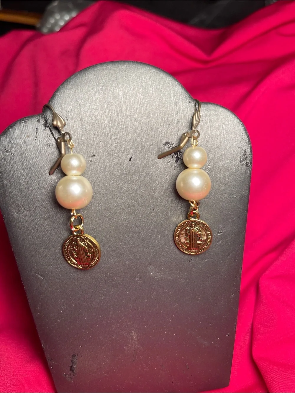 Gold-Tone Pearl Drop Earrings with Medallion Accent